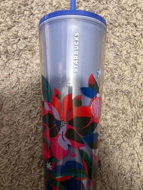 Starbucks Blue Lid Cold Cup with Red & Green Floral Design